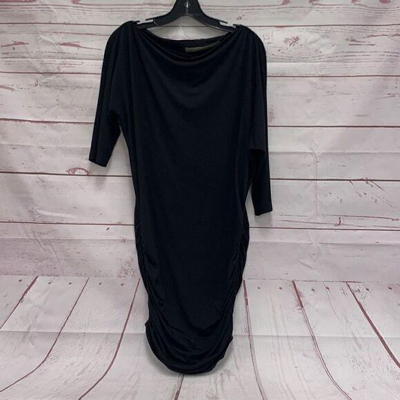 Enza Costa Women’s Small Black Ruched 3/4 Sleeve Bodycon Midi Dress - Picture 1 of 3